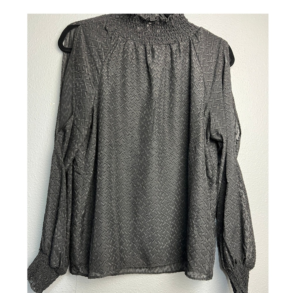 Rose + Olive Whimsigoth Black Cold Shoulder Smocked High Neck Geometric Top XS